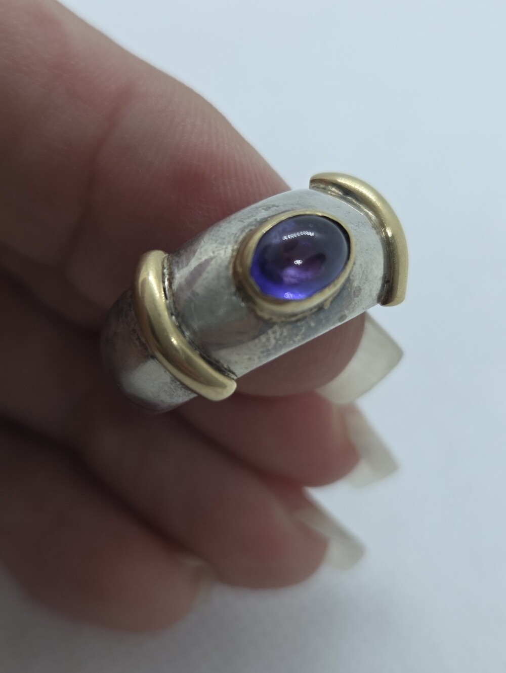 Sterling Silver Ring Size 6 Deep Purple Cabochon and Gold Accents